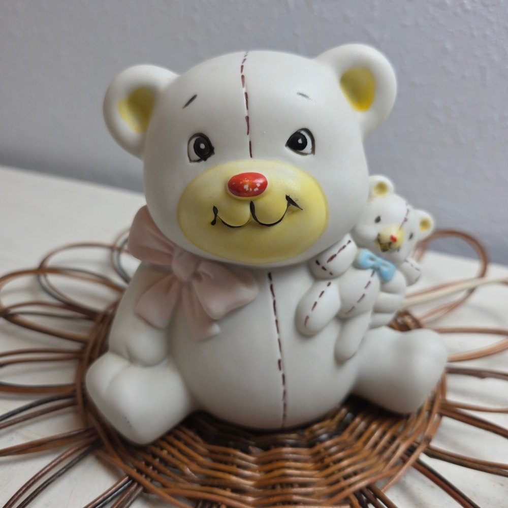Vintage Ceramic‎ Teddy Bear Nursery Lamp White with Pink Bow Night Light